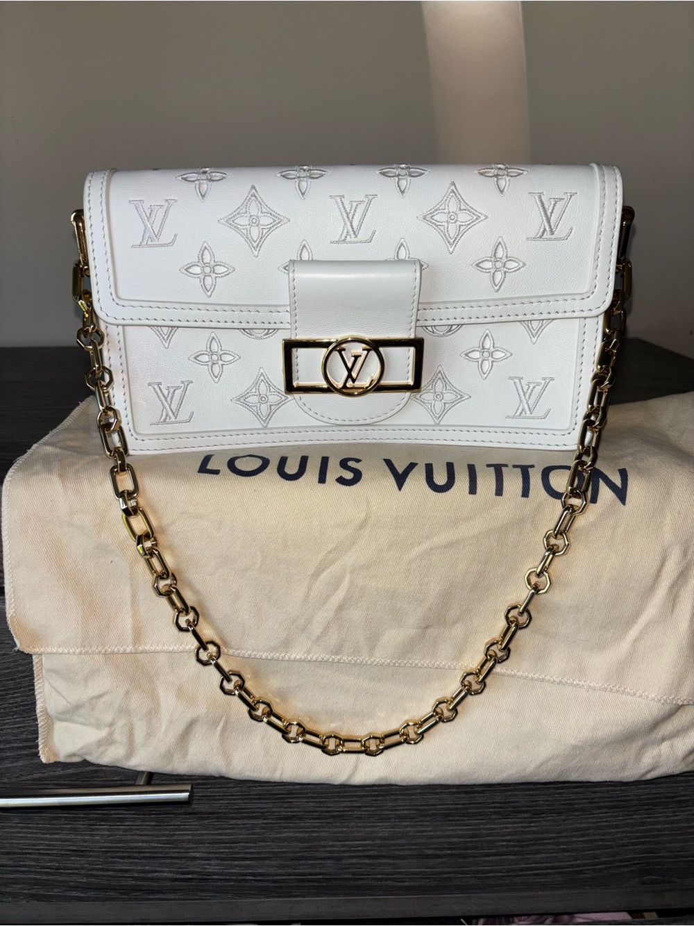 Louis Vuitton White Embossed Monogram Chain Crossbody Bag